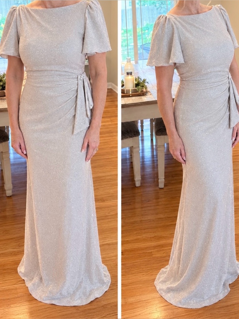 Oleg Cassini Shimmery Taupe Maxi Dress with Puff Sleeves